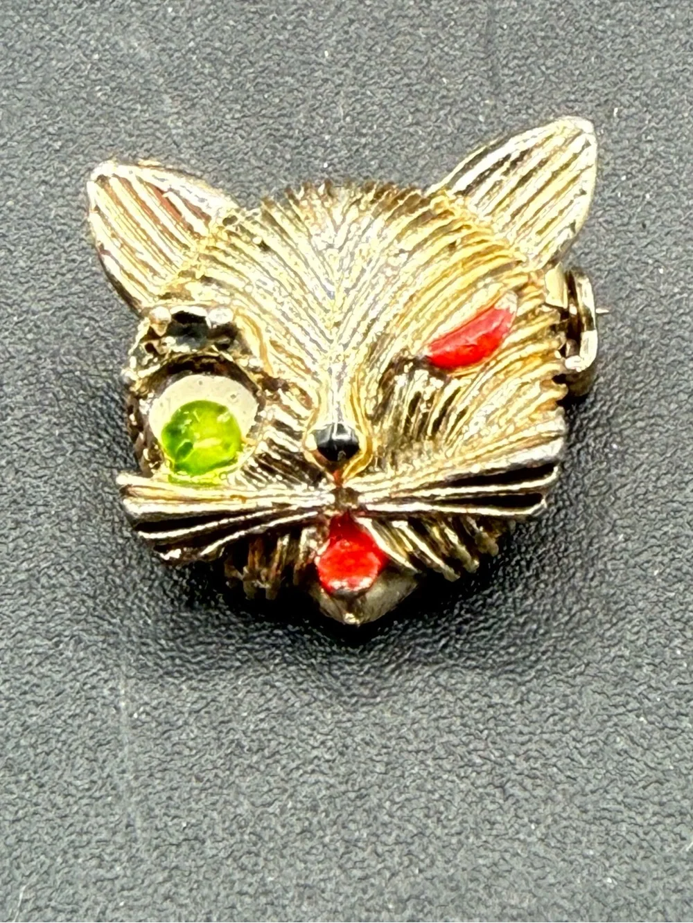 Gold Cat Face Pin Brooch with Winking Eye Red and Green Accents